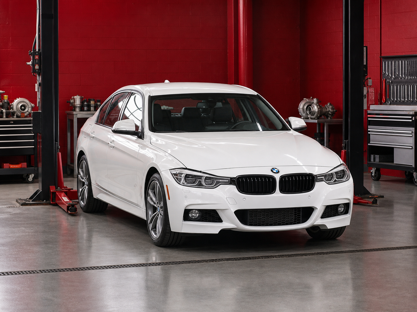 Белый BMW 3 series в сервисе по ремонту турбин