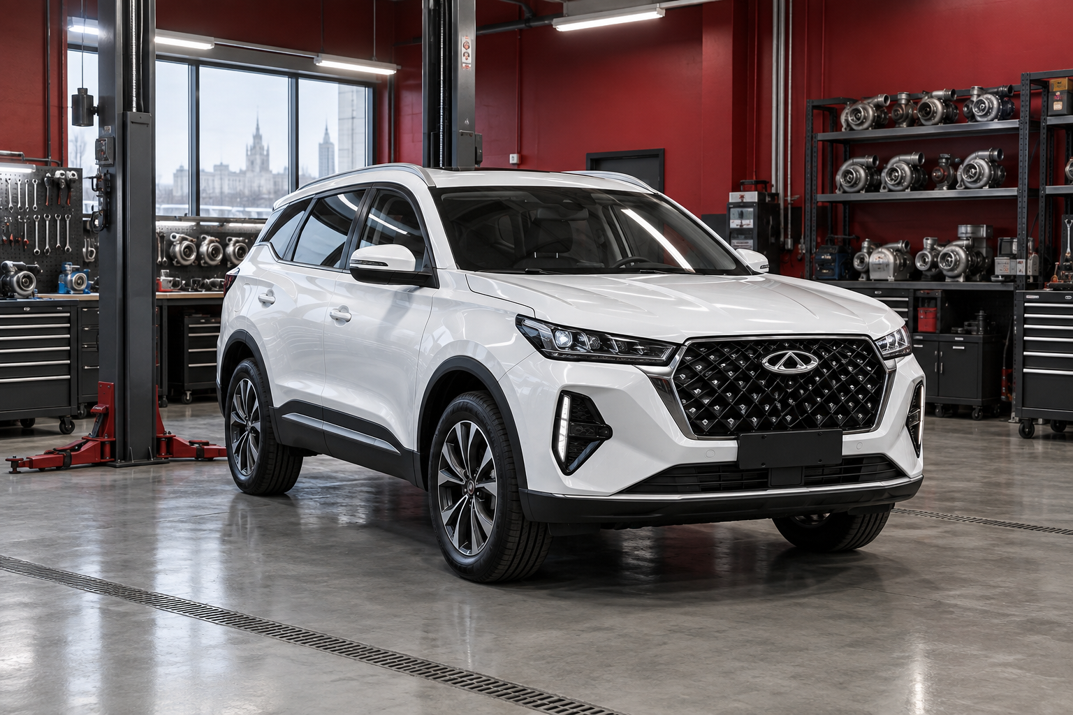 Белый Chery Tiggo 7 Pro Max в сервисе по ремонту турбин